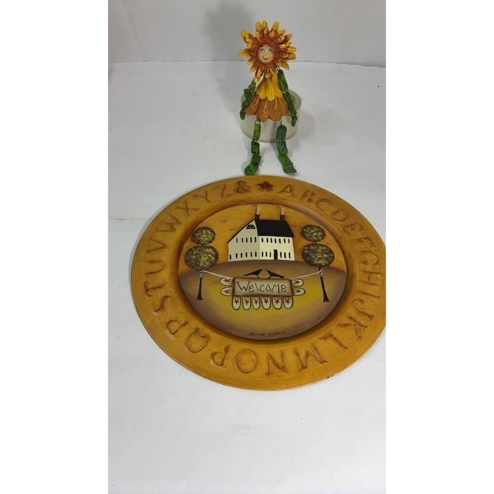 Vintage Folk Art Donna Schalk Hand Painted Wood Plate & Sunflower Shelf Sitter